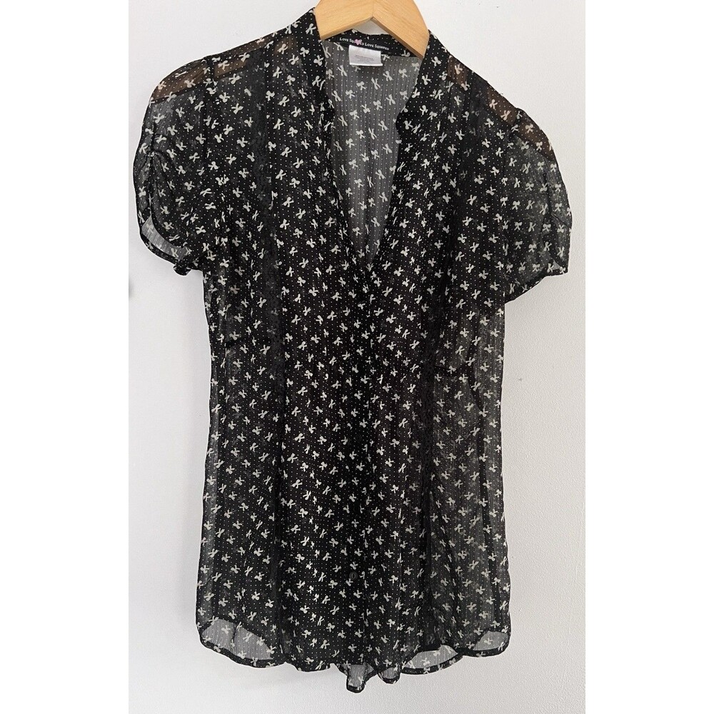Women’s Love Squared M Blouse Button Up Sheer Bows Black White